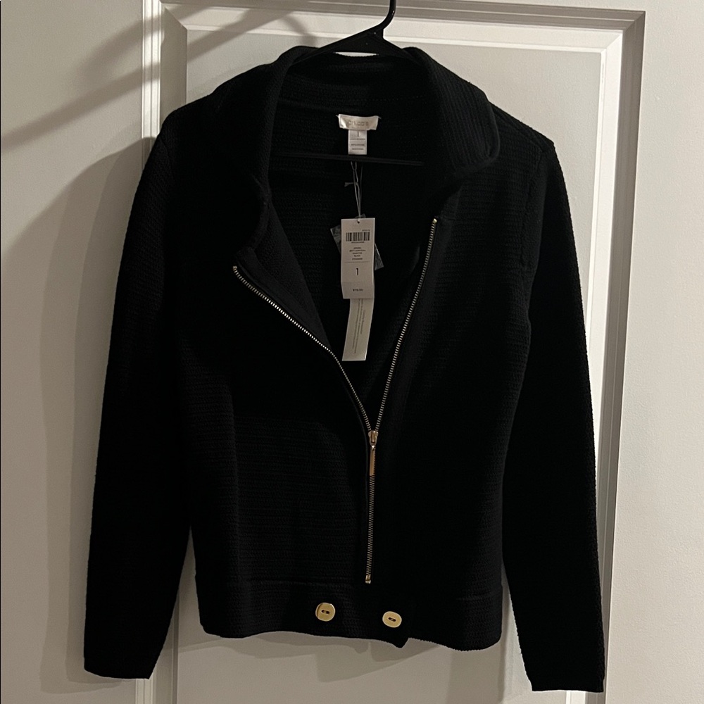 Chico's Elegant Britt Black Moto Jacket with Gold Details